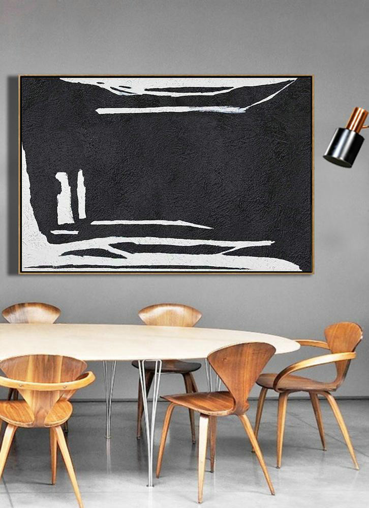 Modern Paintings On Canvas,Hand Painted Oversized Horizontal Minimal Art On Canvas, Black And White Minimalist Painting - Acrylic Painting On Canvas